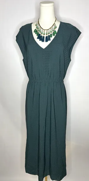 J.Crew‎ Teal Textured Perforated Midi Dress Elastic Waist Size 10 thumbnail 1