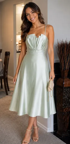 Watters & watters design Spaghetti Strap Pleated A-Line Midi Satin mint green thumbnail 1