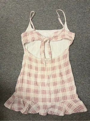 Olivaceous Plaid Mini Cotton Gauze Dress Pink Cottagecore Open Back M Ruffle Hem thumbnail 7