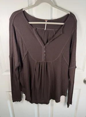 Free People Small Leo Henley Waffle Flow Tunic Brown Y2K Babydoll thumbnail 1