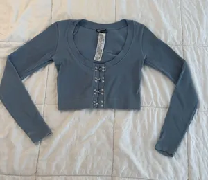 Zara Dusty Blue Crop Top Ribbed Knit Y2K Downtown Girl Balletcore Edgy Casual thumbnail 1