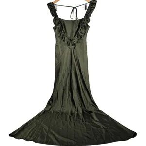 Social Bridesmaids Olive Green Satin Ruffle Flutter‎ Sleeve Maxi Dress XS 8219 thumbnail 4