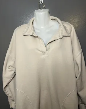 Aerie Sweatshirt Womens Medium Beige Collared V Neck Fleece Pullover Relaxed thumbnail 1
