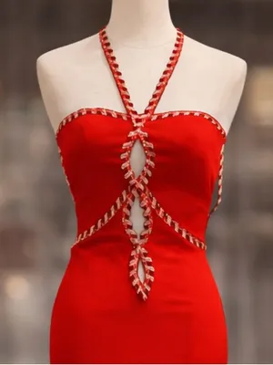 Alyce Paris Red Halter Maxi Dress Size 2 Beaded Keyhole High Slit NWT thumbnail 5