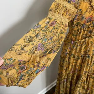 Free People Dress Cassis Midi Maxi Floral Lace Tiered Lined Boho Mustard Yellow thumbnail 8
