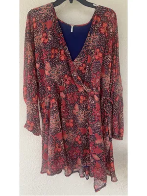 Free People Teegan Mini Dress M Peach Combo Floral V Neck Boho Western Festival thumbnail 2