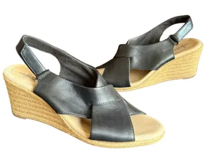 Clarks Lafley Alaine Wedge Sandals Womens 9.5 Black Leather‎ Comfort Espadrille thumbnail 1