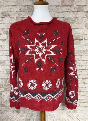 Vtg Best authentic Roll‎ Neck Wool Red Floral Sweater Star M True North Aran thumbnail 1