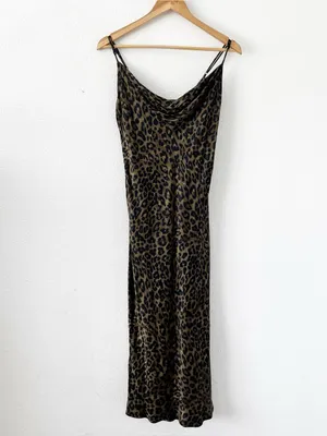 Zara Olive Green Leopard Print Satin Cowl Neck Slip Midi Dress thumbnail 2