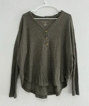 American Eagle Outfitters Olive Waffle-Knit Henley Pullover thumbnail 1