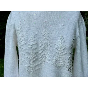 Coldwater Creek Womens XS Winter White Christmas Tree Sweater Holiday Party Cream Beige thumbnail 3