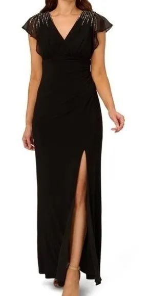 Adrianna Papell‎ Beaded Jersey Chiffon Flutter Sleeve Gown thumbnail 1