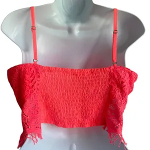 Y2K Women Coquette Festival Lace Crop Top‎ Corset L Neon Orange Smocked Bustier thumbnail 2