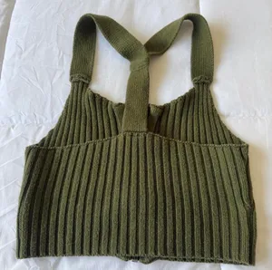Olive Ribbed Knit Zip-Front Halter Crop Top – Windsor - Size Small thumbnail 6