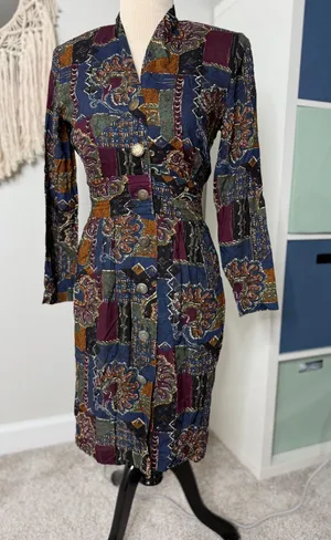 Women's Vintage Funky Retro Long-sleeved Patchwork Print Button Artsy Dress 6P thumbnail 1