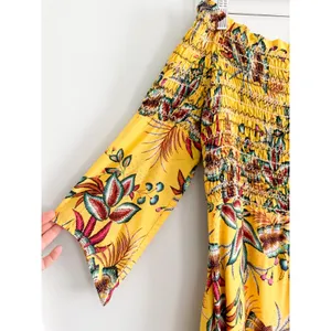 FARM Rio x Anthropologie | Bria Off Shoulder Smocked Dress Tropical Yellow | M thumbnail 4