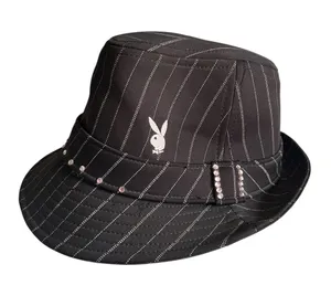 Y2K Playboy Fedora Pink Rhinestone Pinstriped Size L/XL Bling 2000s Grunge Bimbo thumbnail 1