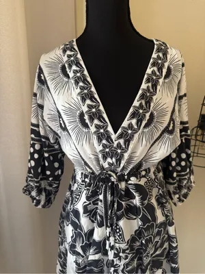 Farm Rio Black White Printed Puff Sleeve Mini Dress Small Boho Floral Resort thumbnail 4
