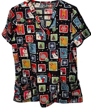 UA Flex 2 Christmas Holiday Festive Stamp Sticker Stretch Medical Scrubs Top thumbnail 1
