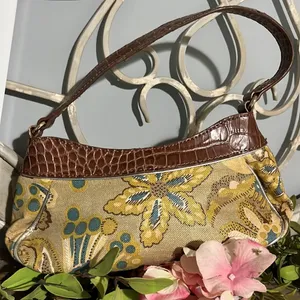Liz Claiborne Purse Small Alligator Look Strap Floral Brown Gold Shoulder Bag thumbnail 11