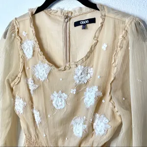 ASOS Sequin Flower Sheer Sleeve Nude Dress Size 6 thumbnail 2