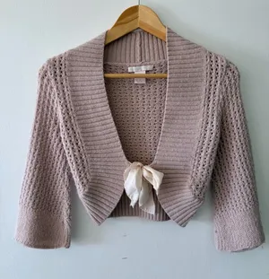 REBECCA TAYLOR Vtg Y2K Pink Alpaca Knit Crop Crochet Shrug Cardigan Womens Small thumbnail 1
