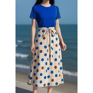 Chic Blue Tee and‎ Polka Dot Wrap Skirt Set Vintage Style Adjustable Waist S new thumbnail 2