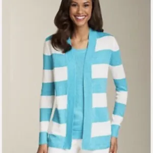 Talbots Linen Open Front Stripe Cardigan Teal/White Classic- MP (medium petite) thumbnail 3