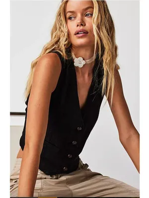 Free People We the Free Charley Linen Vest in Black Women's sz. S thumbnail 1