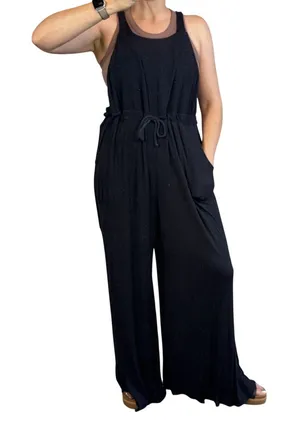 Free People Beach Salopette Shelby Wide Leg Jumpsuit Overall Size M Black Pocket thumbnail 1