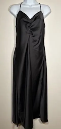 NICOLE MILLER Midi Black Satin Ruched Slip Dress Size‎ Medium Evening Chic LBD thumbnail 1