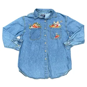Vintage Cottagecore Autumn Embroidered Denim Shirt Harvest Teacher Western 90s M thumbnail 10