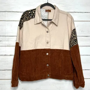 Umgee Color Block Corduroy Jacket Leopard Print Shacket Brown Size Medium thumbnail 2