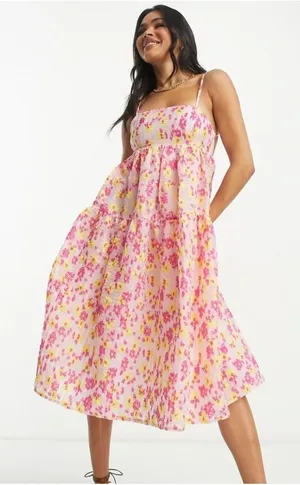 Collective The Label Pink Floral Midi Dress with Smocked Bodice thumbnail 1