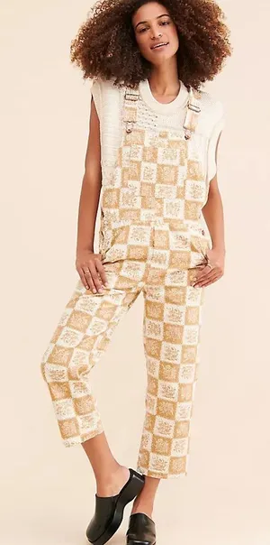 Brixton Cream and Tan Checker Cropped Overalls thumbnail 1