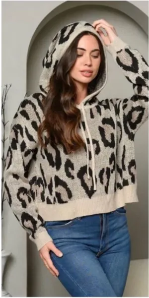 Vici Fuzzy Brown and Black Cheetah Print Pullover Hoodie Sweater Large thumbnail 1