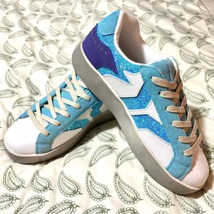 COB CULTURE OF BRAVE White Leather Neon Glare Blue Glitter Wing Sneaker 8-8.5 thumbnail 2