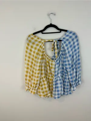 Cato Two-Tone Blue and Yellow Gingham Peplum Blouse Tie Back Size XL Women's thumbnail 6
