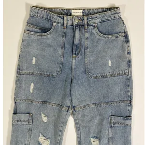 Avec Les Filles Distressed Utility Cargo Jeans Light Wash Wide Leg Size 28 thumbnail 2