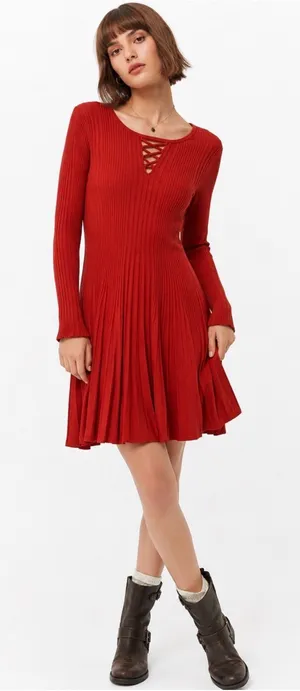 NEW Cato Juniors Large Red Ribbed Lace Up Fit & Flare Stretch Knit Dress thumbnail 1
