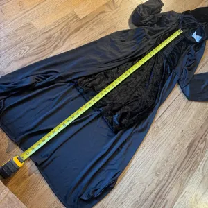 Gothic Hooded Maxi Dress Black Velvet Bell Sleeve Medieval Witchy Gown M/L thumbnail 9