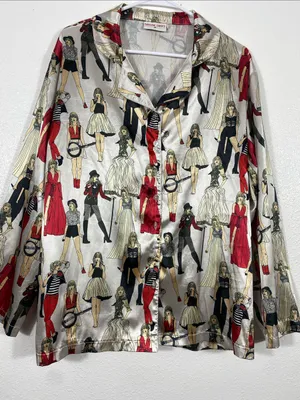 Taylor Swift Cream Button-Down Top with Red & Black Figurine Print Size M thumbnail 3