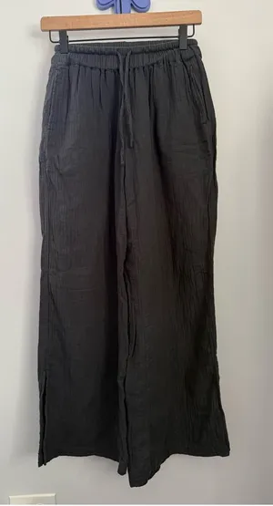 Pact XS Coastal Double Gauze Split Hem Pants Organic Wide Leg Charcoal Lounge thumbnail 1