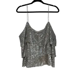 Express Silver Sequin Tiered Camisole V-Neck Spaghetti Strap Tank Top XL 02496 thumbnail 9