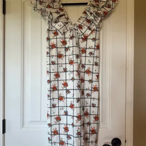 Zara Floral‎ Grid Print Ruffle V-Neck Midi Dress White Orange Small thumbnail 4