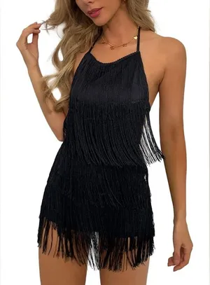NWT Ella Lust Black Fringe Halter Backless Mini Dress Jumpsuit - Medium thumbnail 1