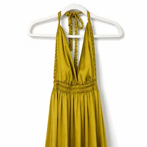 LoveShackFancy Golden Satin Plunge V-Neck Braided Halter Open Back Maxi Dress thumbnail 10