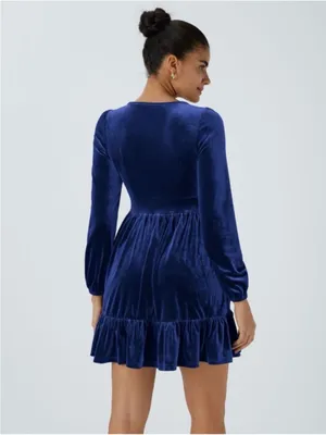 Halara Royal Blue Velvet Deep V Neck Long Sleeve Ruffle Hem Dress Size Small NEW thumbnail 3