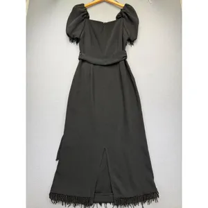 ELLIATT Black‎ Beaded Fringe Puff Sleeve Square Neck Midi Dress Womens Large L thumbnail 11