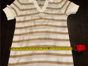 Chic White & Tan Striped Crochet Knit Maxi Cover-Up Dress Collared Beach Resort thumbnail 6